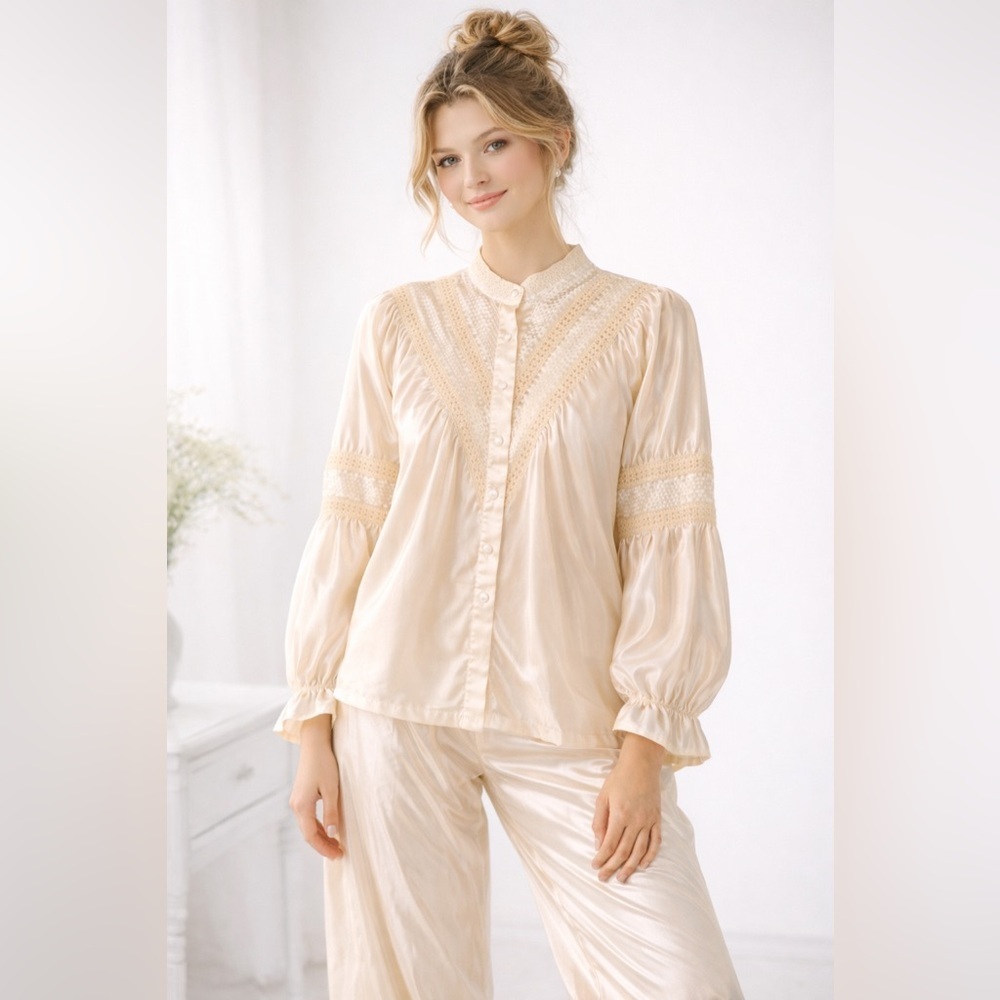 Vintage 80s Ilise Stevens Cream Satin Bridal Pajama Set M Theater Costume